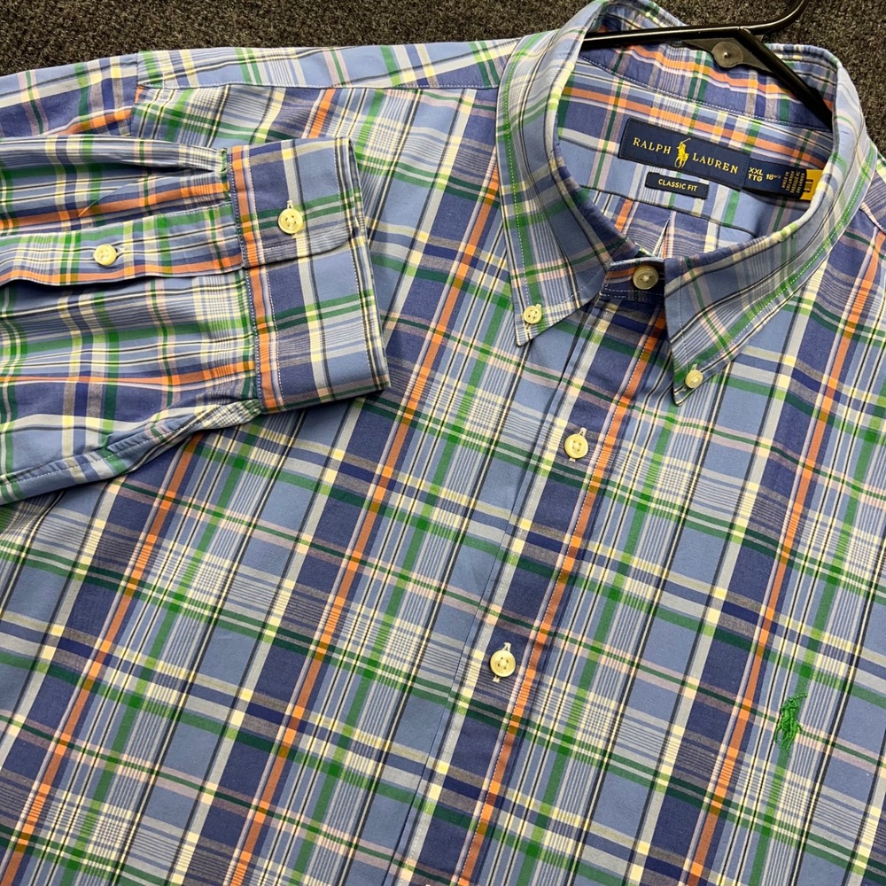 Ralph Lauren Mens XXL Classic Fit Plaid Button Down Shirt Blue Green 18.5 2836